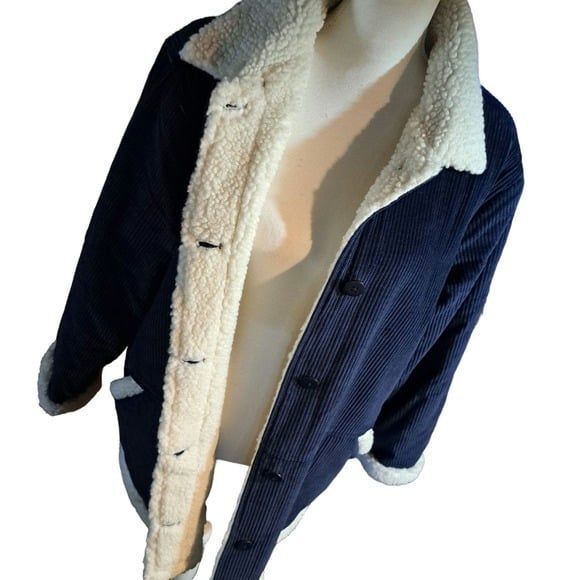 SALE!! Denim & Co Navy Blue Sherpa Lined Corduroy Button Front Jacket Large - Picture 5 of 8